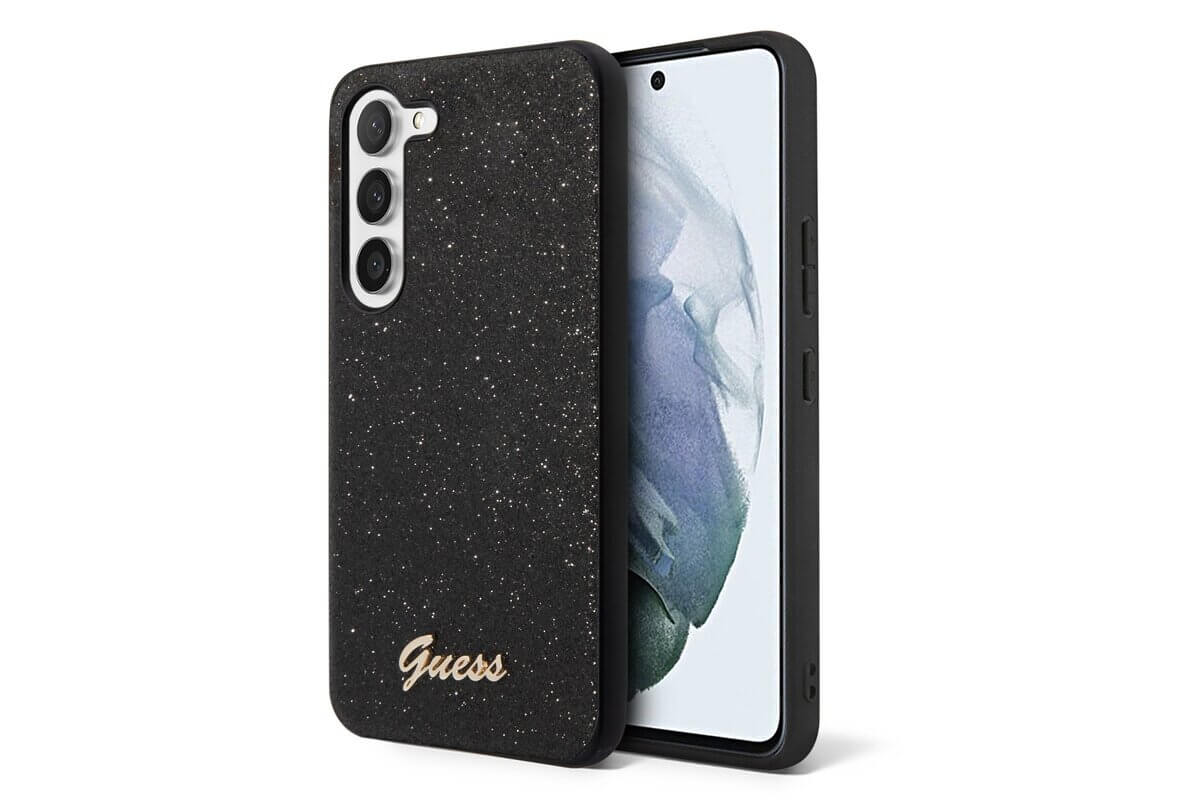 Zadné púzdro Guess PC/TPU Glitter Flakes Metal Logo Samsung Galaxy S23 - čierne