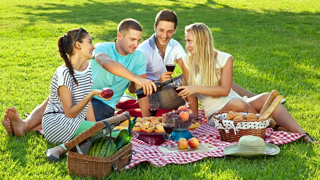 Skupina mladých ľudí na pikniku. 