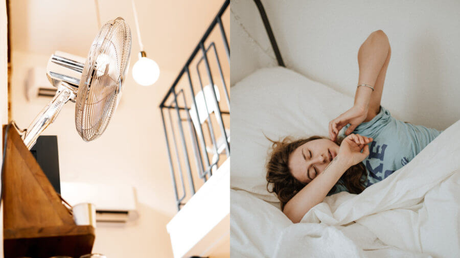 Žena spiaca pri ventilátore. 