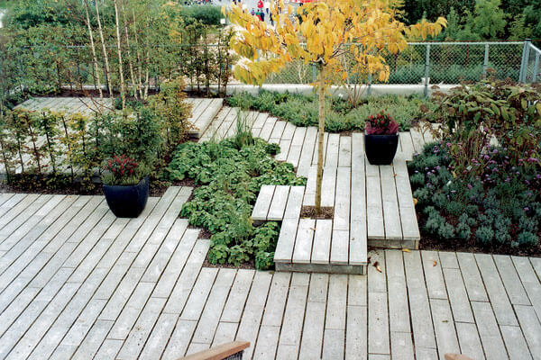 Strešná záhrada s drevenou podlahou a rastlinami. 