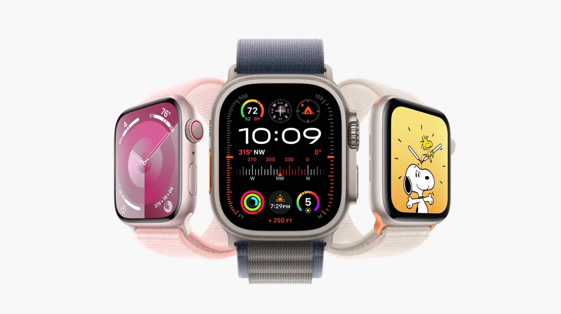 3 hodinky od Apple v ružovej, sivej a bielej farbe. 