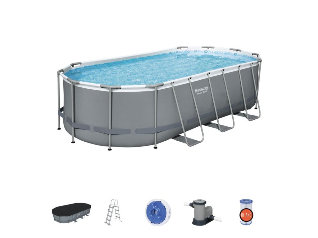 Bazén nadzemný - sivý Bestway® power steel™, 56710, plachta, pumpa, rebrík, dávkovač, filter, 5,49x2,74x1,22 m