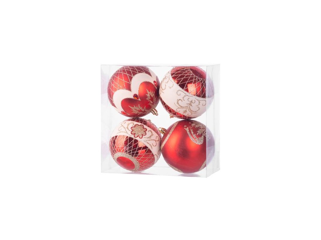 Gule MagicHome Vianoce, 4 ks, červené, s ornamentami, na vianočný stromček, 10 cm