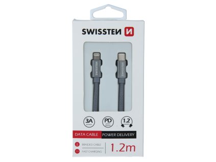 Textilný dátový kábel Swissten USB-C / LIGHTNING 1,2 M - šedý