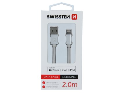 Textilný dátový kábel Swissten USB / LIGHTNING MFi 2,0 M - strieborný