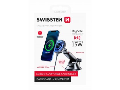 Magneticky držiak do auta Swissten s bezdrôtovým nabíjaním 15W (aj MagSafe)