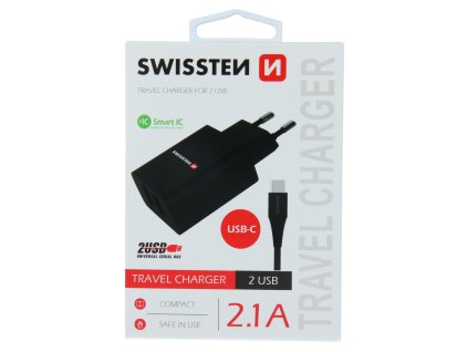 Sieťový adaptér Swissten SMART IC 2x USB 2,1A POWER + DÁTOVÝ KÁBEL USB / TYPE C 1,2 M - čierny