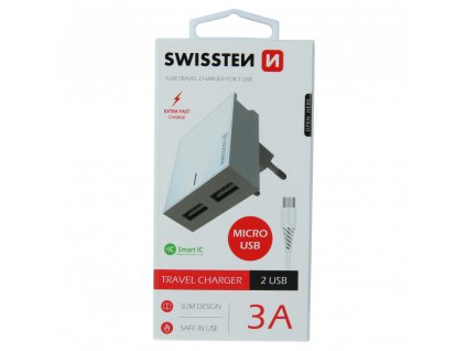 Sieťový adaptér Swissten SMART IC 2x USB 3A POWER + DÁTOVÝ KÁBEL USB / MICRO USB 1,2 M - biely