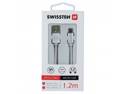 Textilný dátový kábel Swissten USB / MICRO USB 1,2 M - strieborný