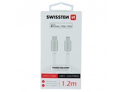 Textilný dátový kábel Swissten USB-C / LIGHTNING MFi 1,2 M - strieborný