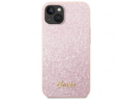 púzdro Guess Glitter Flakes Metal Logo iPhone 14 pink