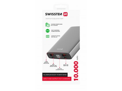 Powerbanka Swissten aluminium s rýchlym nabíjaním 10000 mAh 20W - šedá