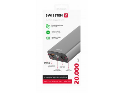 SWISSTEN ALUMINUM POWER BANK 20000 mAh 20W POWER DELIVERY GREY