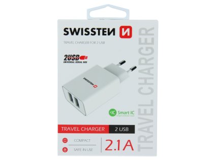 swissten sitovy adapter smart ic 2x usb 21a power bily 158586