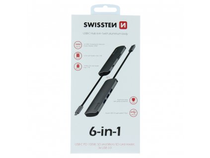 USB-C dokovacia stanica Swissten hub 6-IN-1 (USB-C PD, 3X USB 3.0, SD, MICRO SD) ALUMINIUM