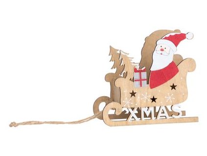 Dekorácia MagicHome Vianoce Woodeco, Santa v saniach, 19x15 cm