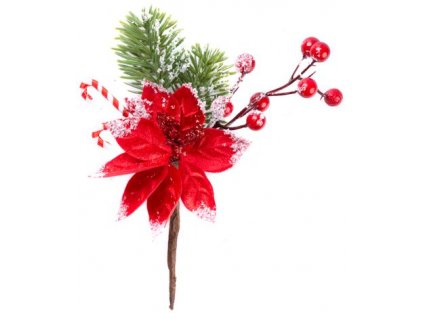 Vetvička MagicHome Vianoce, s kvetom a bobuľkami, zasnežená, 20 cm