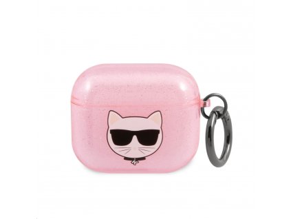 Ochranné pudzro Airpods 3 Karl Lagerfeld Glitter Choupette Head ružovozlaté..