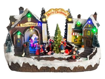 Dekorácia MagicHome Vianoce, Dedinka, 15 LED, farebná s melódiami, 3x AA, interiér, 33,50x18x20 cm