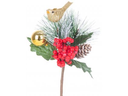 Vetvička MagicHome Vianoce, s vtáčikom, červeno - zlatá, 16 cm
