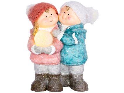 Postavička MagicHome Vianoce, Chlapček a dievčatko so snehovou guľou, 1 LED, keramika, 27,5x23x40 cm