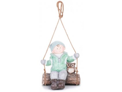Postavička MagicHome Vianoce, Chlapček na hojdačke so sovičkou, závesná, keramika, 34,5x25,5x39,5 cm