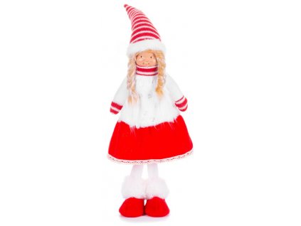 Postavička MagicHome Vianoce, Dievčatko v šatách, látkové, červeno-biele, stojace, 17x13x48 cm