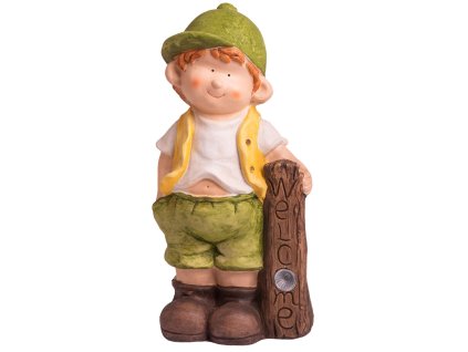 Záhradná dekorácia MagicHome, Chlapček s tabuľou, keramika, LED, solar