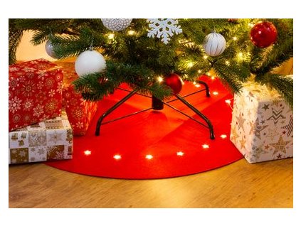 Koberec MagicHome Vianoce, červený, pod vianočný stromček, s hviezdičkami, 22x LED, teplá biela, 2xAA, 90 cm