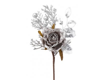 Vetvička MagicHome Vianoce, s ružou, sivá, 26 cm