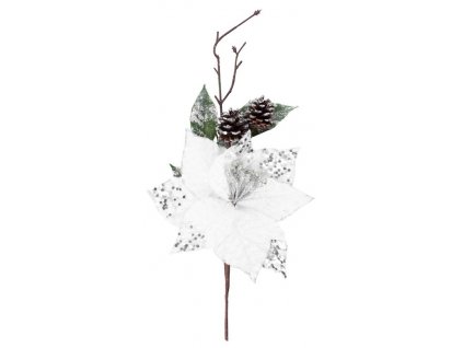 Vetvička MagicHome Vianoce, s kvetom poinsettia, biela, 34 cm