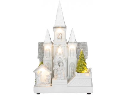 Dekorácia MagicHome Vianoce, Kostol s betlehemom, 6 LED biela, 3xAA, interiér, 17x13x25 cm