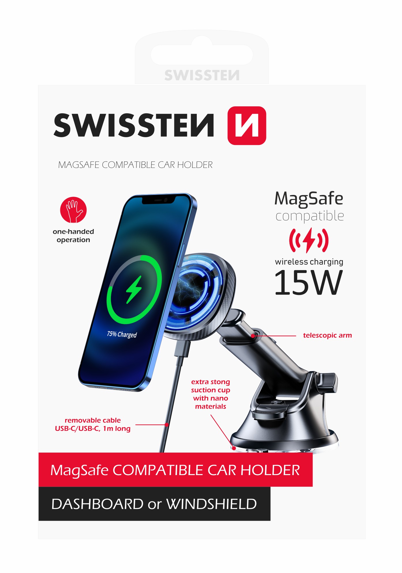 Držák + bezdrátová nabíječka Swissten magnetický držák do auta s bezdrátovým nabíjením Qi 15 W bílý