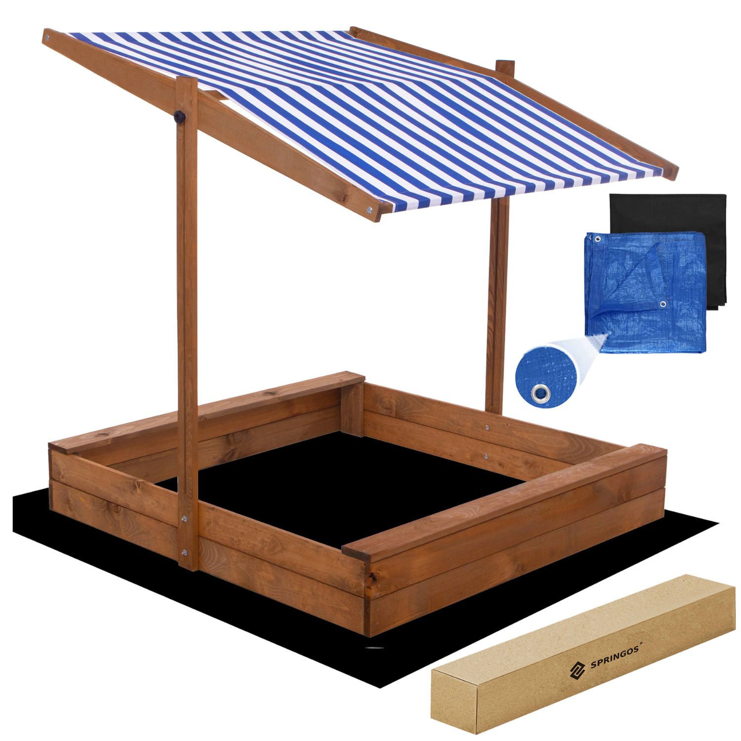 E-shop Drevené pieskovisko so strieškou 120x120 cm - modré
