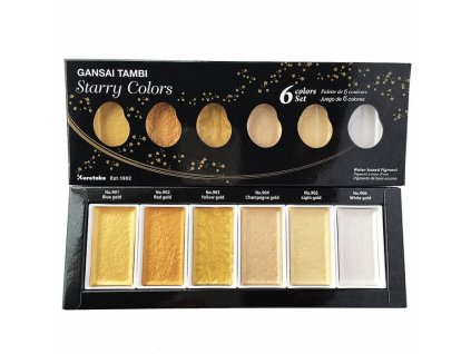 Kuretake Gansai Tambi Starry Colors - Zlaté metalické akvarelové barvy sada 6 ks