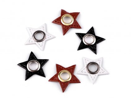 Průchodka s koženkovou hvězdou k našití, průvlek 8 mm (Balení 20 ks, Varianta 1 bílá černý nikl)