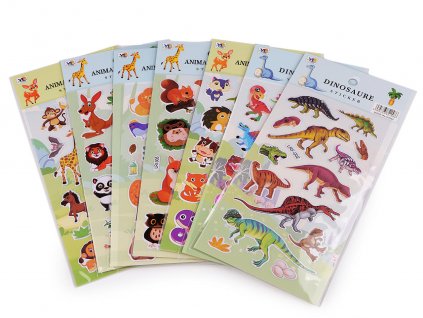 Samolepky plastické - zvířátka, kočky, kosmonauti, dinosauři (Balení 1 karta, Varianta 1 viz foto dinosaurus)