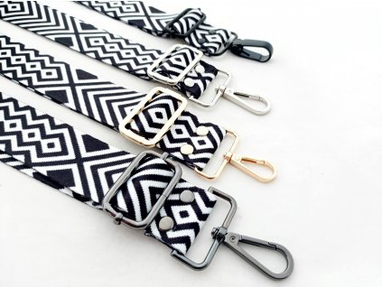 Ramenní popruh na tašku šíře 4 cm  - černobílý geometrický vzor