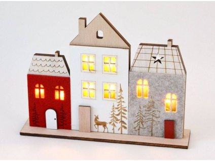 drevena svitici dekorace na postaveni mestecko bilo cervene