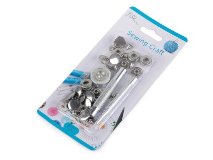 Knoflíky stiskací Wuk Ø15 mm na středně silné látky, s ručním kovovým aplikátorem (Balení 1 sada, Varianta 1 nikl)