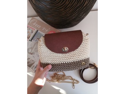 Háčkovaná kabelka s podkovou - hnědá/krémová