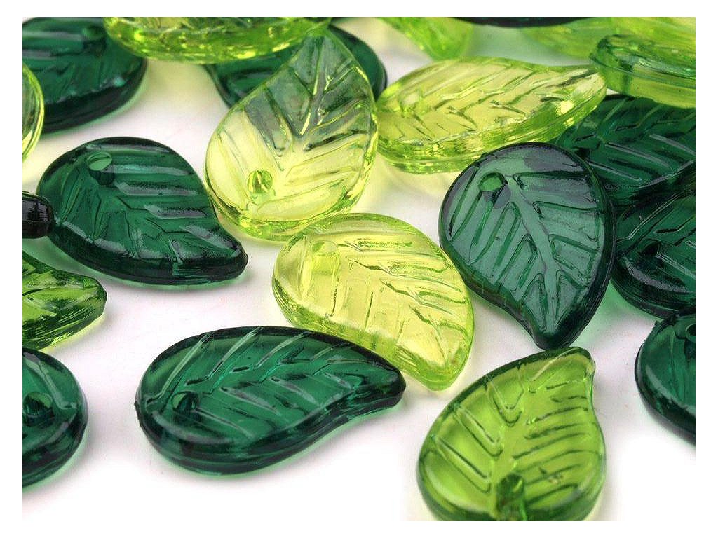 Plastové korálky lístečky mix 9x14 mm (Balení 50 g, Varianta zelená mix)