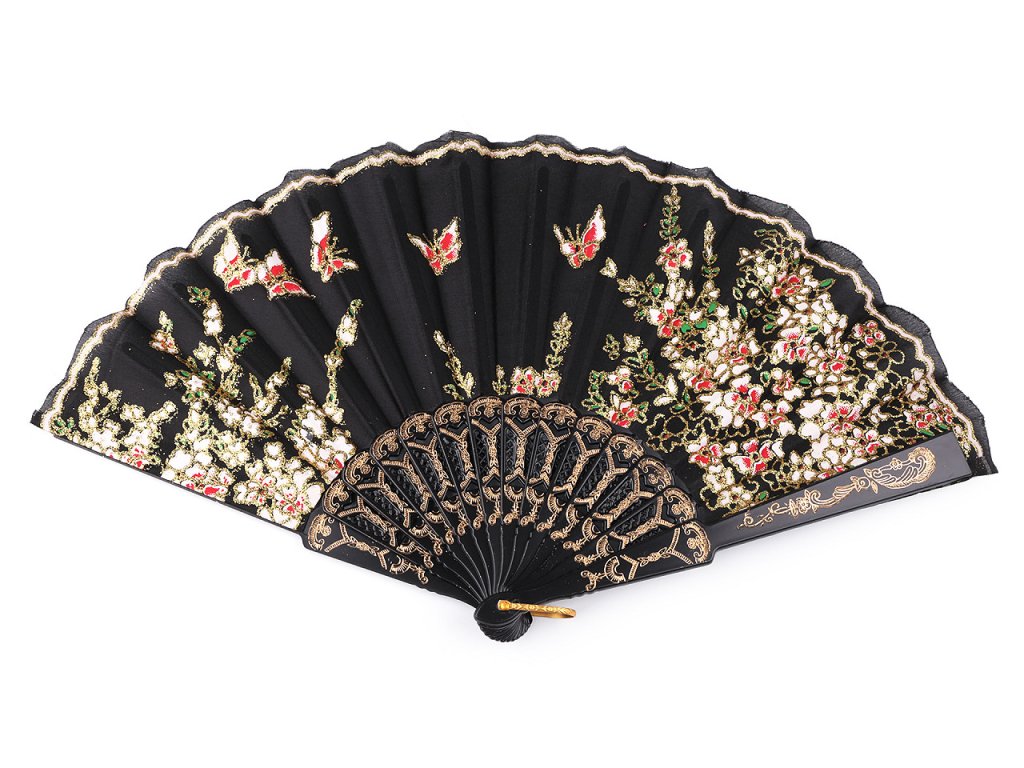 Vějíř textilní s glitry (Balení 1 ks, Varianta náhodný vzor černá)