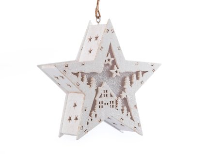 Dřevěná hvězda vánoční svítící k zavěšení (Balení 1 ks, Varianta bílá teplá)