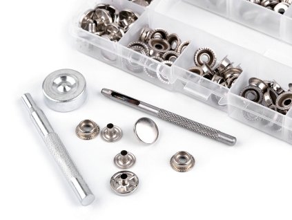 Sada stiskacích knoflíků s kroužkem Ø15 mm s razičem a průbojníkem, na silné látky (Balení 1 sada, Varianta nikl)