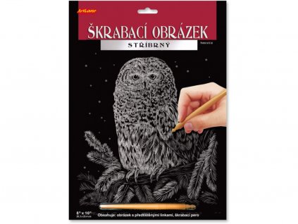 23013 1 skrabaci obrazek stribrny 20x25 cm sova