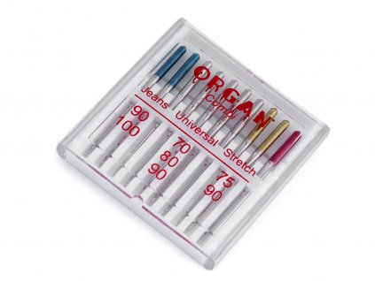 Strojové jehly sdružené Jeans 90;100, Universal 70;80;90, Stretch 75;90 Organ (Balení 5 krab., Varianta nikl)