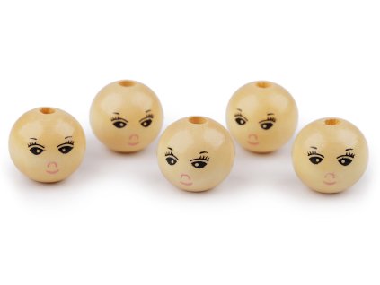 Dřevěné korálky s obličejem Ø22 mm (Balení 300 ks, Varianta 2 přírodní sv.)
