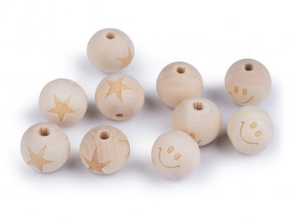 Dřevěné korálky nelakované hvězda, smajlík Ø20 mm (Balení 10 ks, Varianta 1 přírodní sv. hvězda)