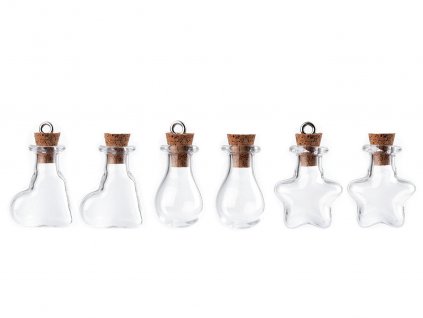 Skleněná lahvička s korkem srdce, hvězda, baňka (Balení 5 lahv., Varianta 1 transparent baňka)